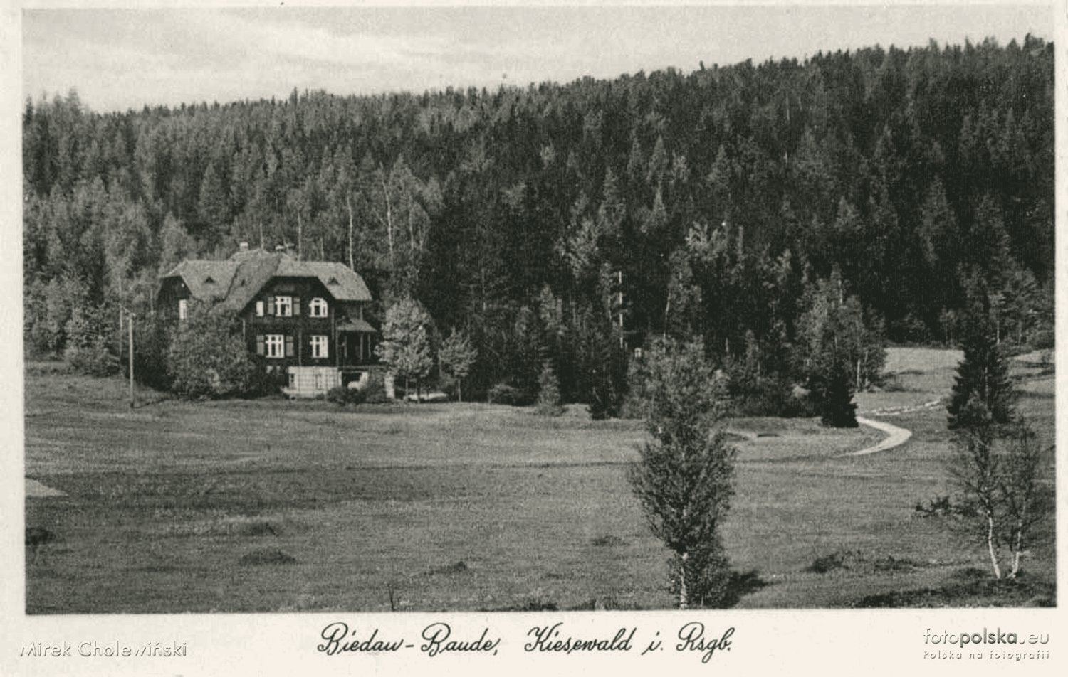 Pocztówka z 1910 roku: willa Biedau-Baude w otwartej łące